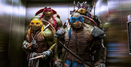 Left to right: Michelangelo, Raphael, Leonardo, and Donatello in TEENAGE MUTANT NINJA TURTLES, from Paramount Pictures and Nickelodeon Movies.