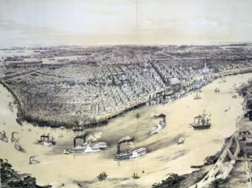 Mapa hist&oacute;rico de Nueva Orleans con los Steamboats en el r&iacute;o. Estos barcos fueron clave en el desarrollo musical de la ciudad. 